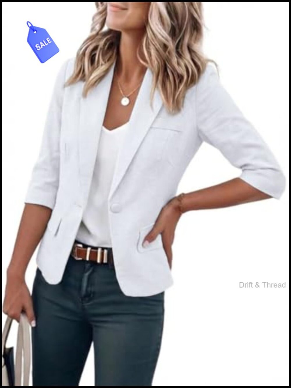 Womens Cropped Cotton Blend Blazer 3/4 Sleeve Button Lightweight Business Casual